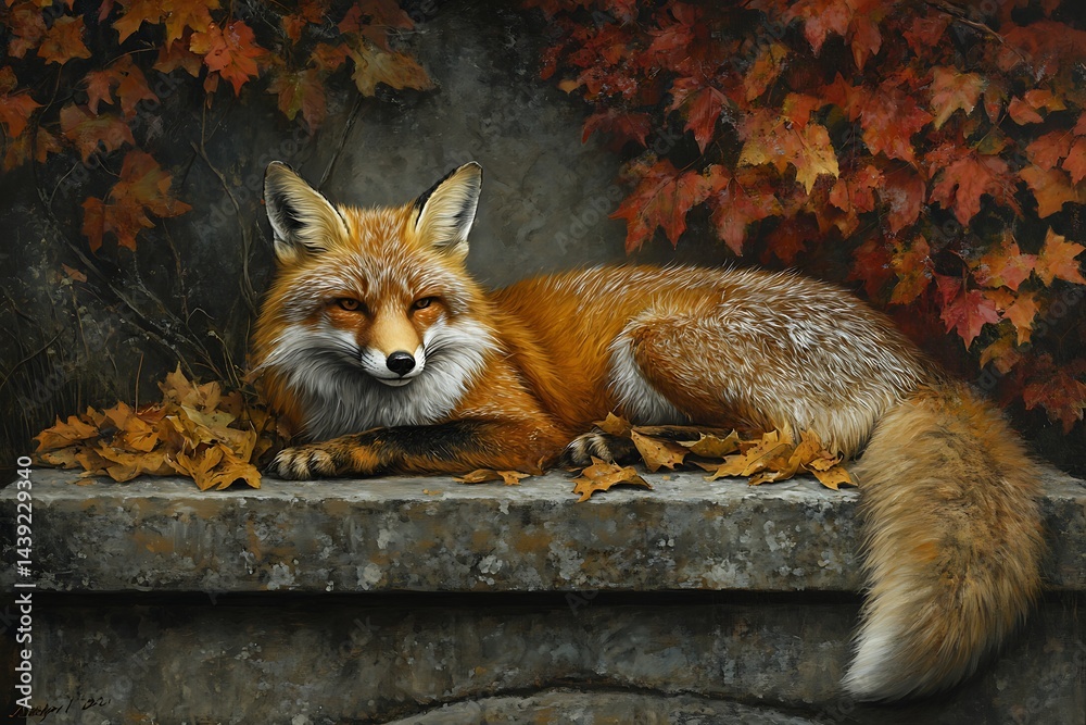 Obraz premium Autumn fox resting on stone ledge amidst fall foliage. Possible use for greeting cards, nature calendars