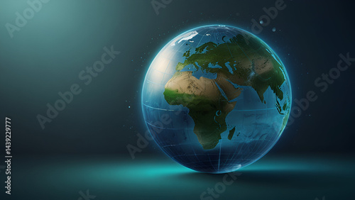 Digital rendering of Earth focusing on Africa and Europe with glowing blue dots and dark background symbolizing global connectivity futuristic themes and environmental awareness.