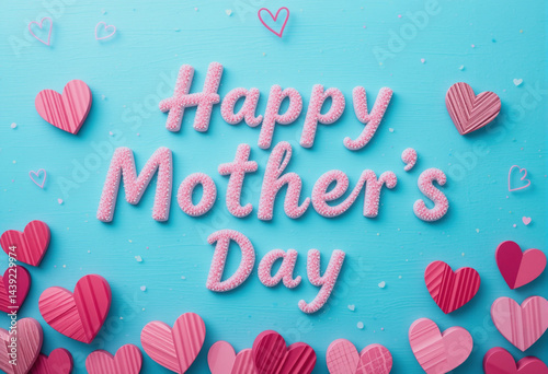 Mother's Day greeting with pink hearts, pastel colors, 3D lettering, and a festive paper craft style.