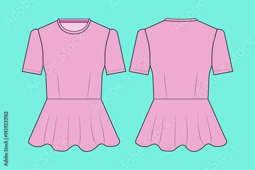 Ladies short sleeve tops fashion flat sketch outline CAD mockup front and back views.