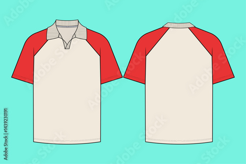 Mens colour block raglan sleeve Polo flat sketch CAD mockup.