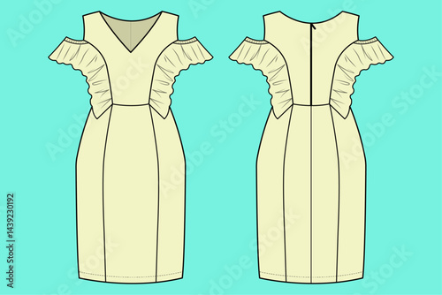 Ladies sleeveless V neck party dress technical drawing fashion flat sketch vector illustration template front and back views outline CAD mockup.