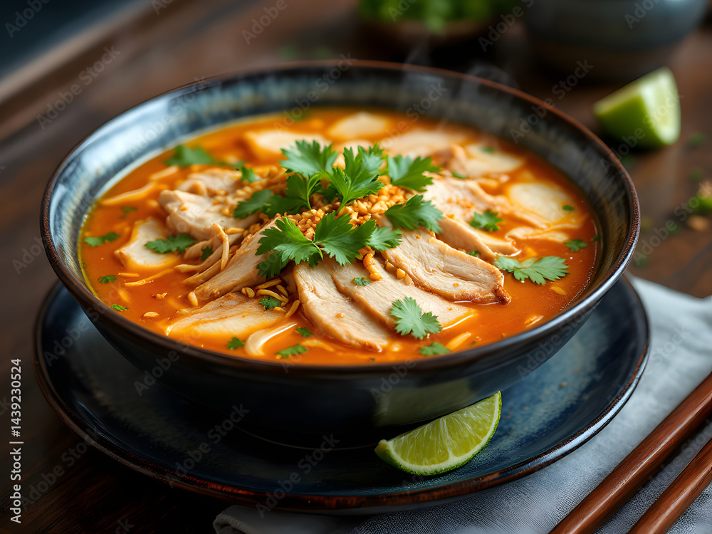 A bowl of vibrant Indonesian soto, garnished with fresh cilantro and lime, sits appetizingly ready A bowl of vibrant Indonesian soto, garnished with fresh cilantro and lime, sits appetizingly ready