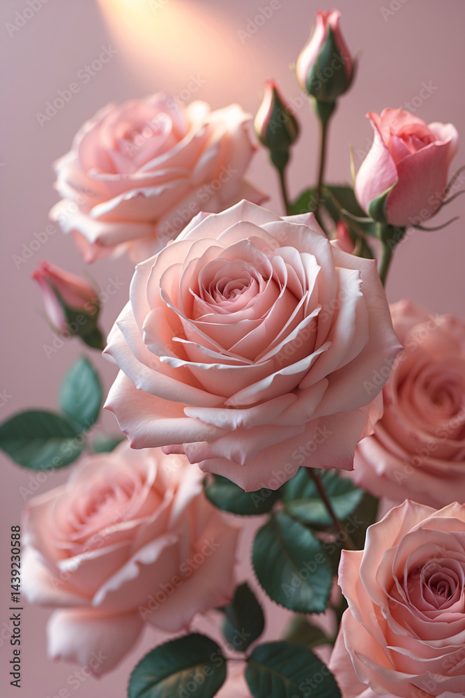 Fototapeta premium Pastel rose flower vines with fresh green leaves under soft sunlight set against a warm pink pastel background for a serene vibe stock photo floral botanical wallpaper background