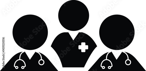 Medical Team Icon. three people in black and white with stethoscope, group of medical professionals, Simple linear icon for a group of doctors. Vector illustration. 
