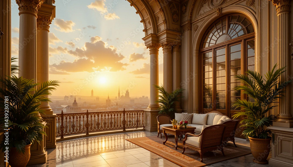 Fototapeta premium Elegant balcony with sunset city view, ornate architecture, and outdoor furniture