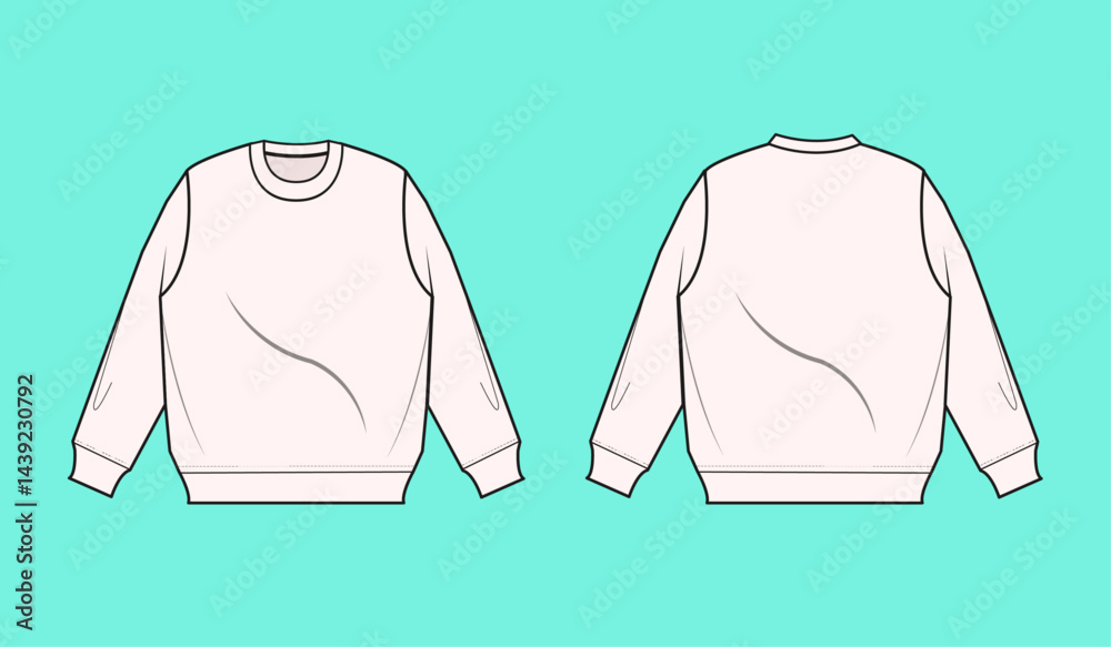 Mens oversize long sleeve sweatshirt flat sketch CAD mockup front and back views.