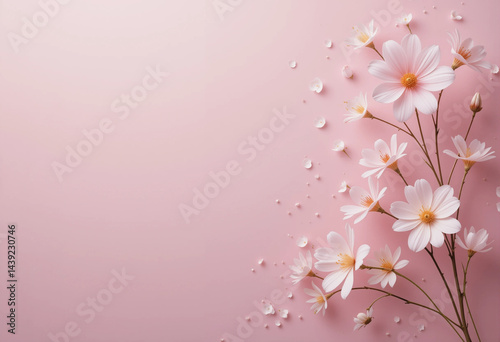 Delicate white cherry blossoms on a pale pink background with a minimalist, dreamy floral composition.