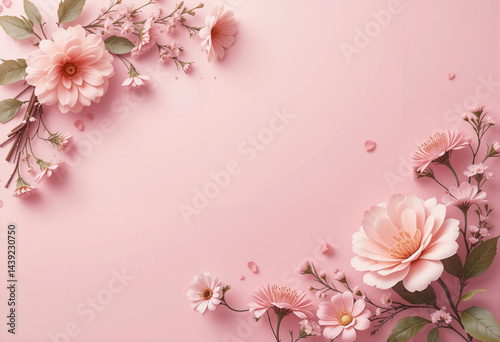 Delicate pink floral arrangement with pastel blossoms, soft blush background, and dreamy atmosphere.
