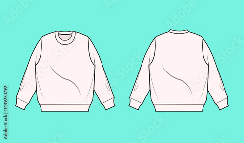 Mens oversize long sleeve sweatshirt flat sketch CAD mockup front and back views.