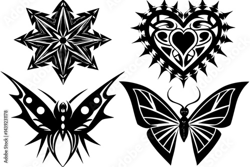 Vector black and white tattoo design elements include floral ornaments and butterfly silhouettes for artistic decoration