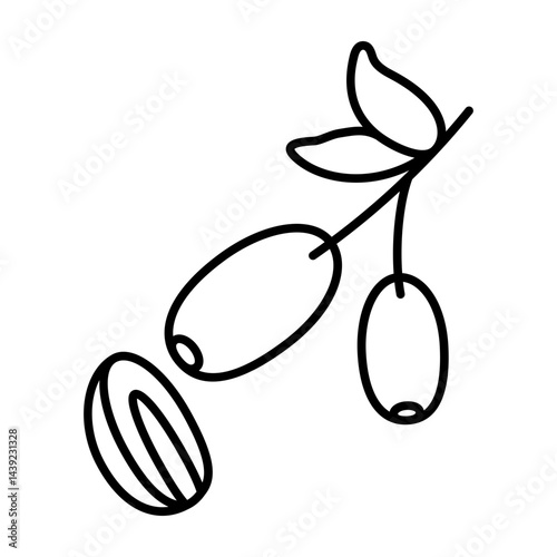 Black and White Line Doodle Icon of Olives with Leaves Minimalist Outline