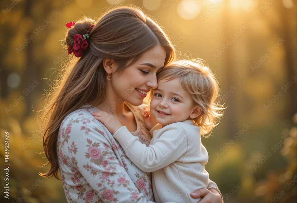 Obraz premium Golden hour portrait of mother and child in a tender embrace with a dreamy, nostalgic feel.