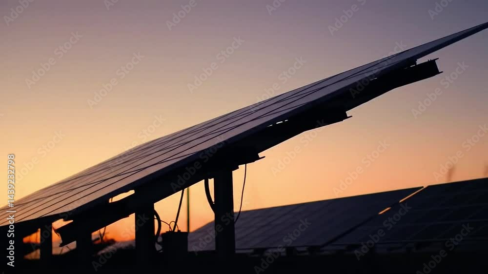 Cinematic shot of solar panels at dusk, with the fading orange and purple hues of the sky Cinematic shot of solar panels at dusk, with the fading orange and purple hues of the sky