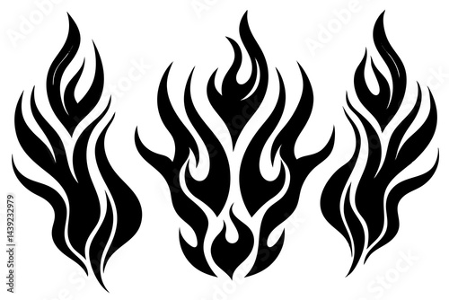 Vector fire flames design features a hot, burning tattoo illustration with tribal patterns in orange and yellow hues