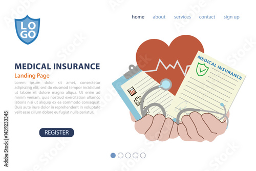 Landing page with health insurance theme, can be used for, template, ui, web, mobile app, poster, banner, flyer Vector illustration