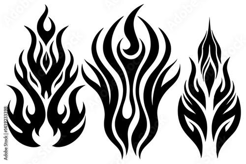 Fiery tribal tattoo designs burn with hot orange and red flames, a vector art illustration set