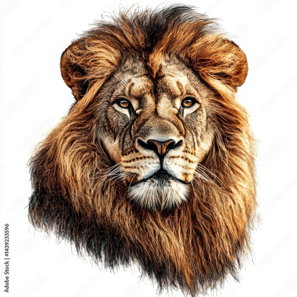 Fototapeta premium Majestic lion portrait featuring intricate details of fur and intense gaze, showcasing strength and beauty in wildlife imagery