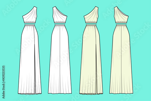 Women eveningwear one shoulder tops with long skirt set technical drawing fashion flat sketch vector illustration template front and back views outline CAD mockup.