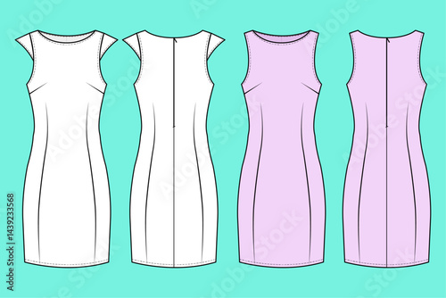 Women sleeveless dress set technical drawing fashion flat sketch vector illustration template front and back views outline CAD mockup.