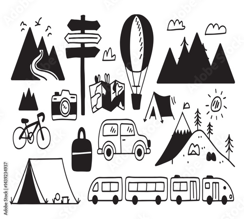 Camping vector icons set features silhouette symbols for travel, tourism, summer holiday, mountain, tree, and landmark design