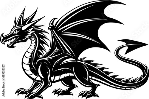 A black dragon vector illustration shows a tribal animal silhouette, perfect as a tattoo design or fantasy art element with a strong, wild shape