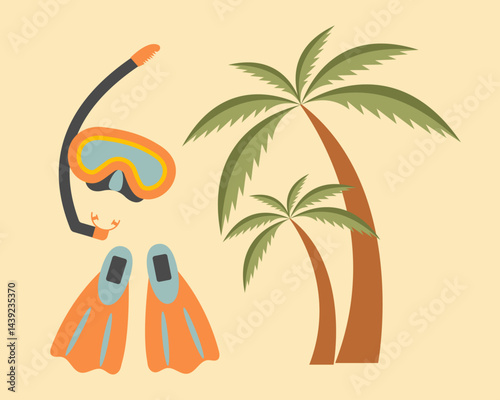 Summer beach vacation set with snorkeling mask, fins, and tropical palm trees. Flat design illustration for travel, holiday, adventure, diving, tropical resort, sea, and ocean projects.