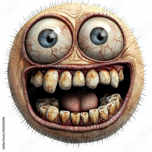 Whimsical and Creepy Cartoon Face with Large Eyes, Gigantic Teeth, and Unusual Hair, Ideal for Unique Artistic Projects