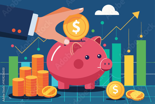 Hand Placing Coins Into Piggy Bank With Stock 1  a vector illustration