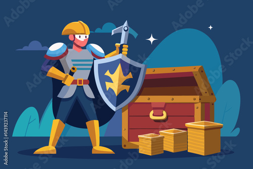 Vector Of Knight Protecting Treasure Chest  a vector illustration