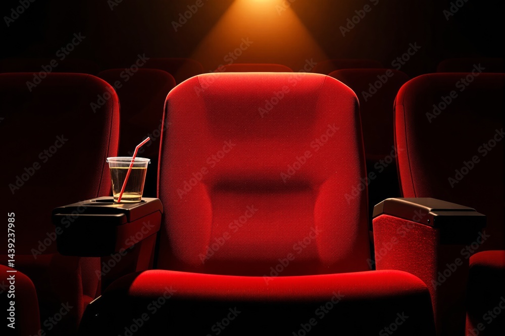 Obraz premium Red theater seat with a cup of beverage on the armrest under warm spotlight.