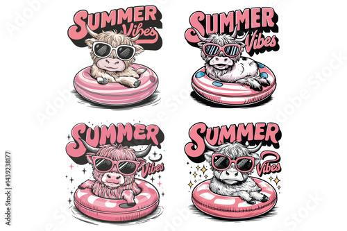 Cute Highland Cow Summer Vibes T-Shirt – Retro Sunglasses Pool Party Fun