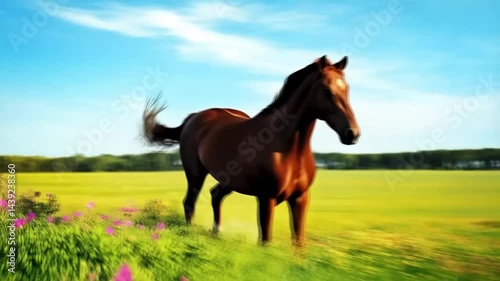 A brown horse is running through a field of flowers