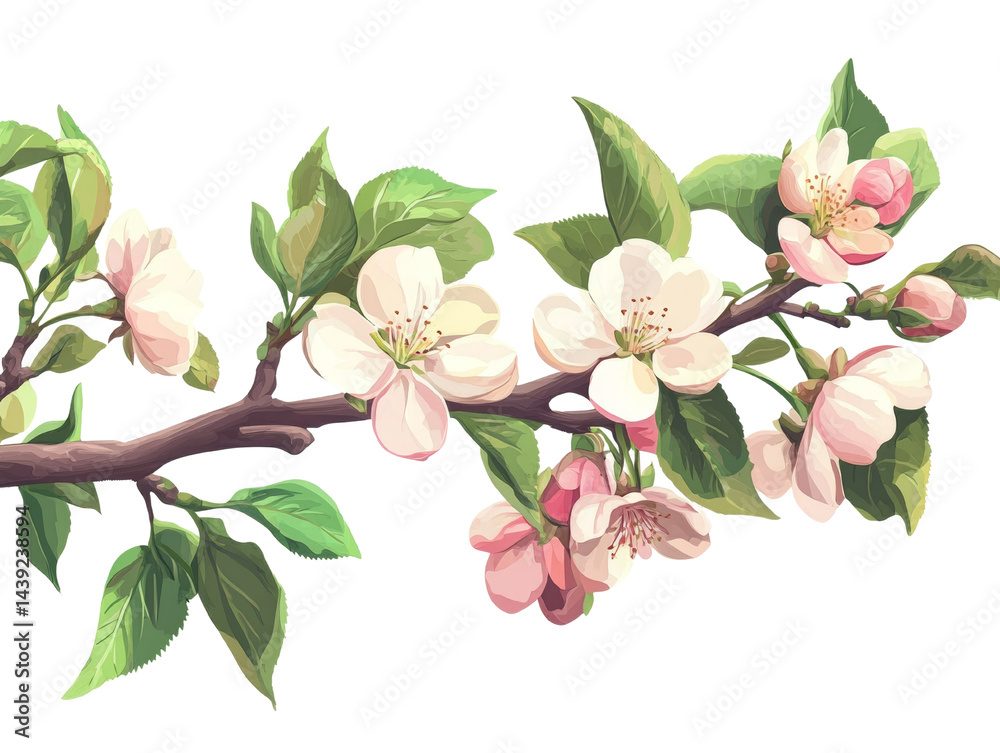 Fototapeta premium Delicate blossoms on a branching twig, presented against an isolated translucent plane