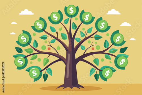 Tree With Dollar Bills As Leaves Representing 1  a vector illustration