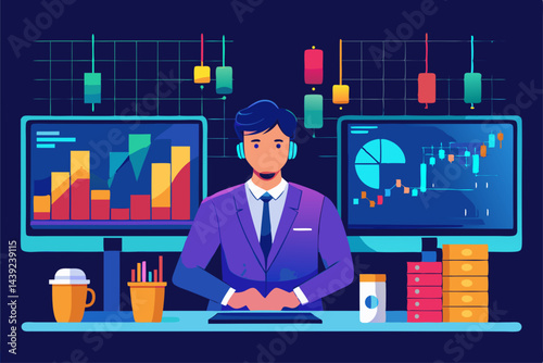 Trader Analyzing Candlestick Charts On Multiple 1  a vector illustration