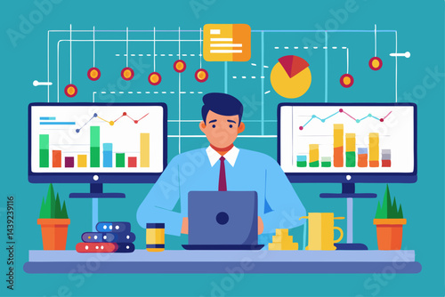 Trader Analyzing Candlestick Charts On Multiple  a vector illustration