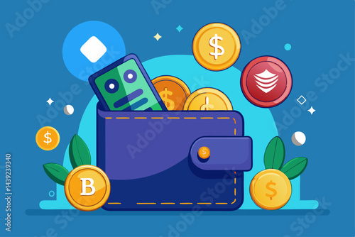 Digital Wallet With Crypto Coins Flying Out Of  a vector illustration