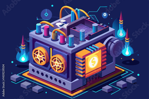 Bitcoin Mining Rig With Glowing Energy Effects 1  a vector illustration