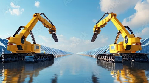 Robotic arms work together in a solar farm reflecting on water under a clear blue sky