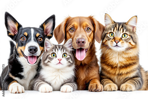 Cute cats and dogs posing together on a white background.