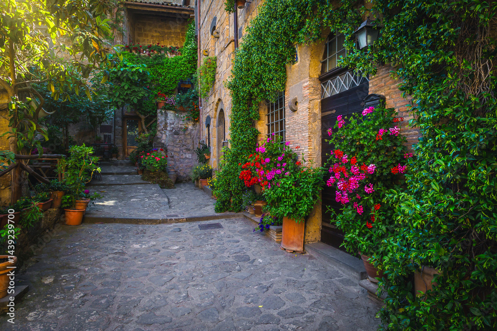 Amazing entrances decorated with colorful flowers, Civita di Bagnoregio, Italy