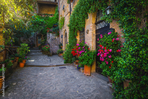 Obraz na płótnie Amazing entrances decorated with colorful flowers, Civita di Bagnoregio, Italy w salonie