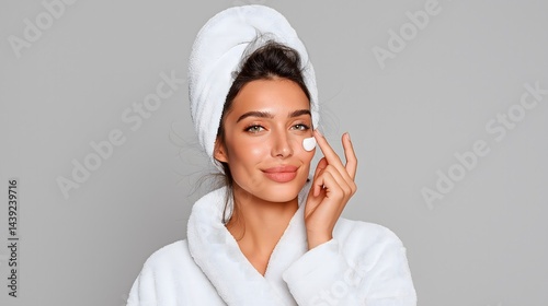 Well-groomed woman in bathrobe, applying skincare product, serene expression, promoting self-care and relaxation.