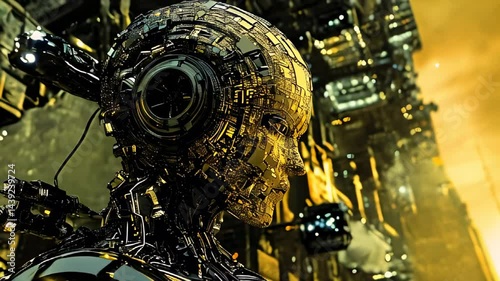 Futuristic humanoid robot with intricate circuitry stands against a vibrant cyberpunk city backdrop