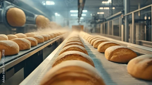 Freshly baked bread rolls move along a conveyor belt in a bustling bakery production facility during daylight hours
