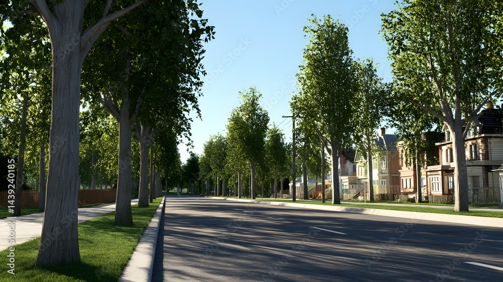 Obraz premium Residential street lined with mature trees on a sunny day.