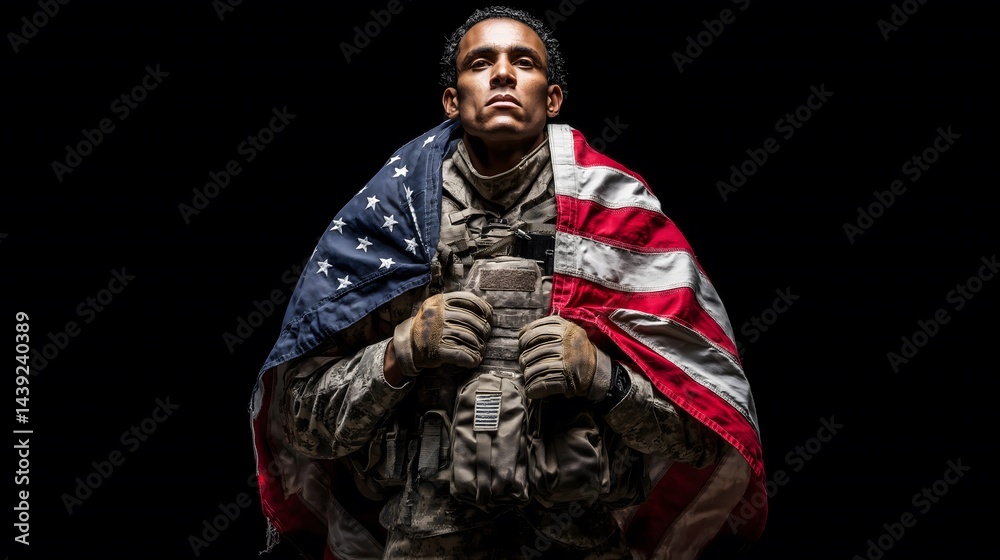 Person wrapped in a flag, confident individual seated with a strong expression, conveying pride and resilience, copy-space available.