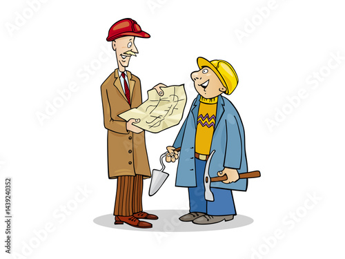 Cartoon Building Workers Consulting Blueprint Construction Industry Project Planning