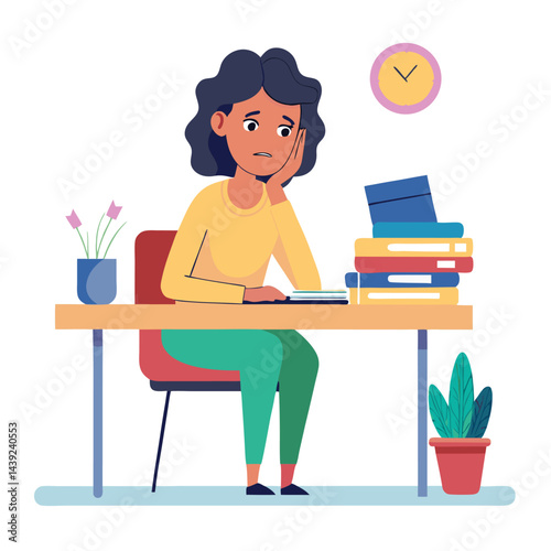 Bored woman sitting at desk. Tired sad office worker. Procrastination, burnout and boredom concept. Depressed upset exhausted lazy student. Flat vector illustration isolated on white background